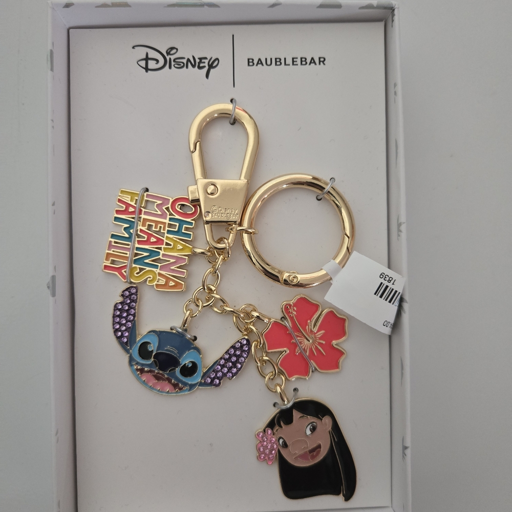 BaubleBar Disney Ohana Bag Charm Keychain with Gold and Multicolor Charms